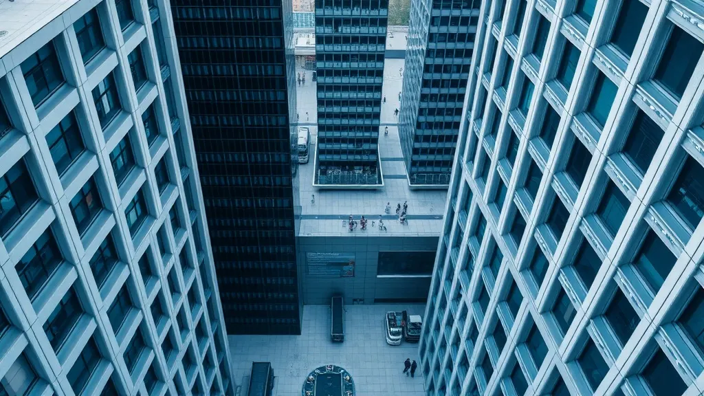 A high-angle architectural shot of a modern financial distri